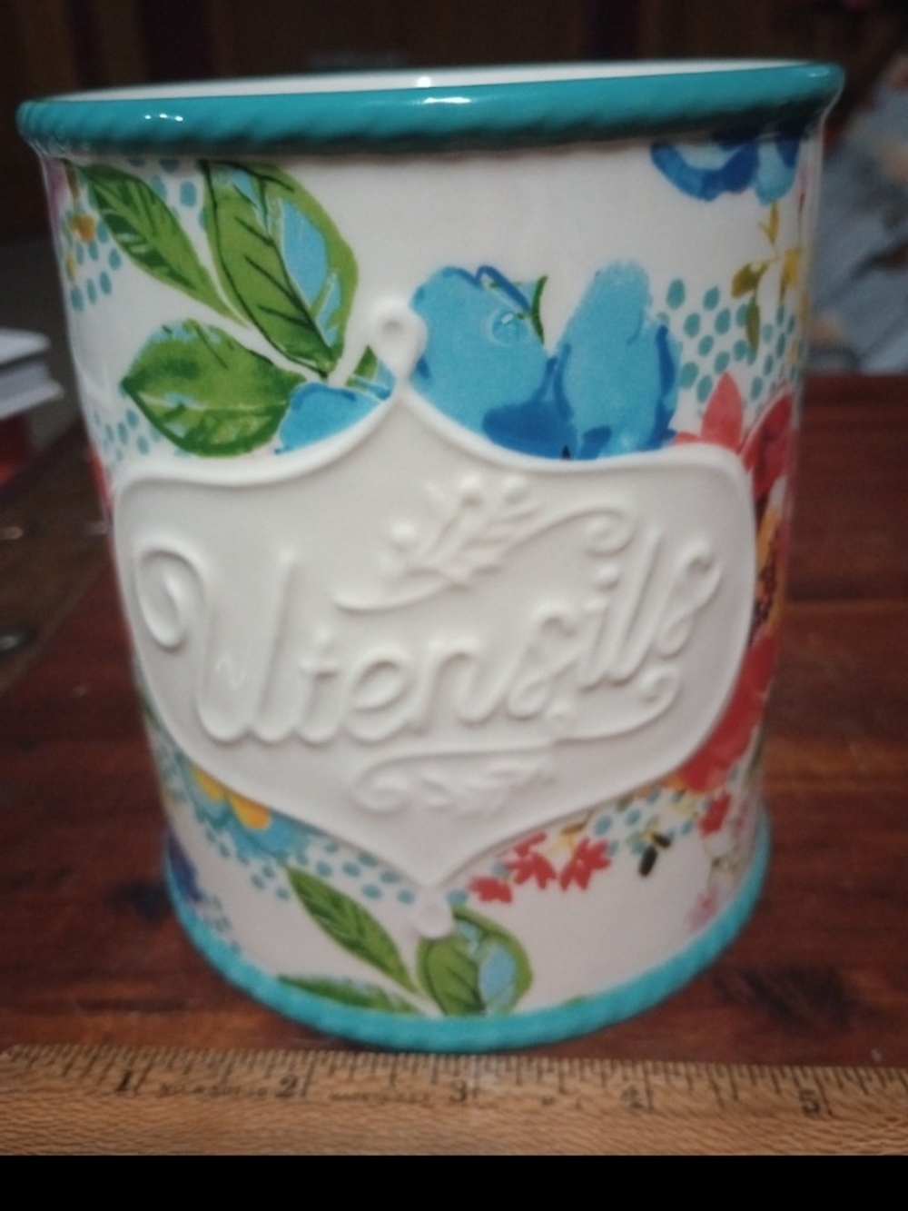 The Pioneer Woman Floral Ceramic Utensil Crock in Turquoise and Red